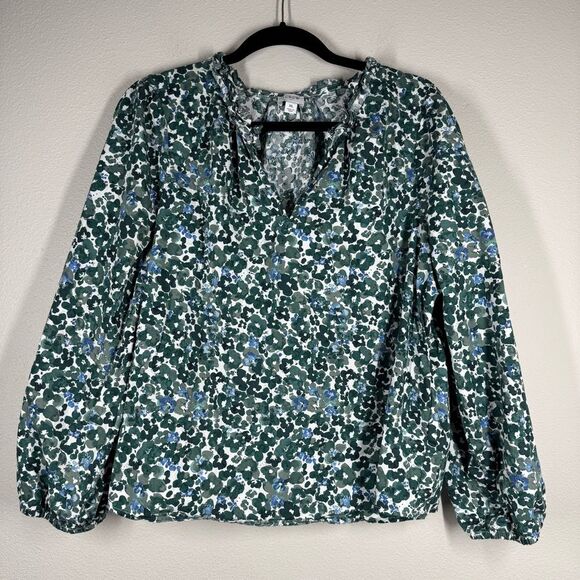 J. Crew Factory Tops - J. Crew Factory Split Neck Ruffle Green Floral Top Long Sleeve Blouse Women’s XL